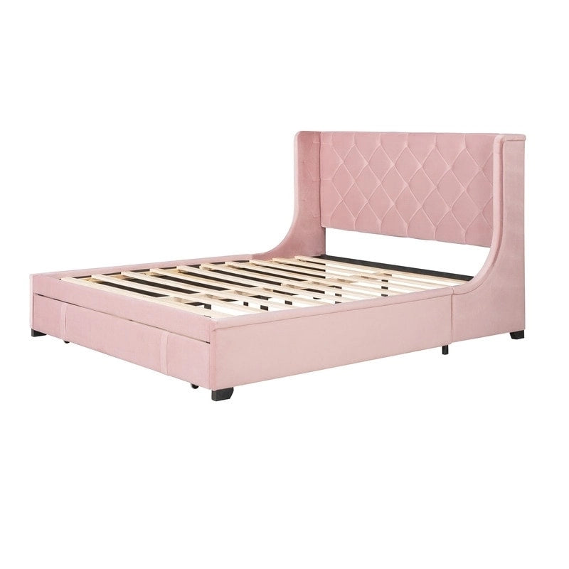 Lit plateforme Queen tapissé de velours avec tiroir de rangement – Bleu / Beige / Gris / Rose