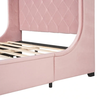 Lit plateforme Queen tapissé de velours avec tiroir de rangement – Bleu / Beige / Gris / Rose