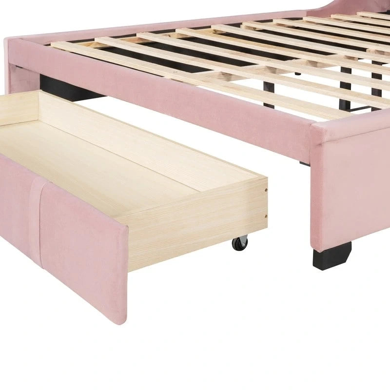 Lit plateforme Queen tapissé de velours avec tiroir de rangement – Bleu / Beige / Gris / Rose