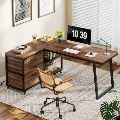 Bureau d'angle en L réversible avec tiroirs de classement – Marron / Gris, Monoposte