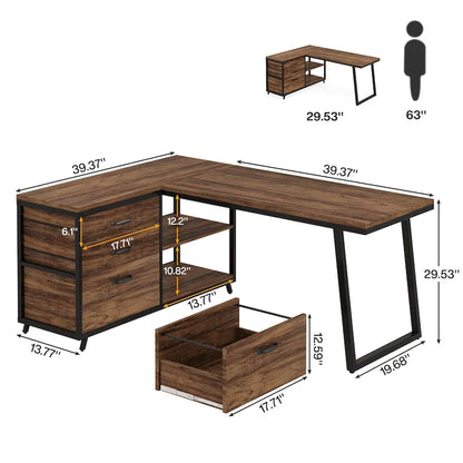 Bureau d'angle en L réversible avec tiroirs de classement – Marron / Gris, Monoposte