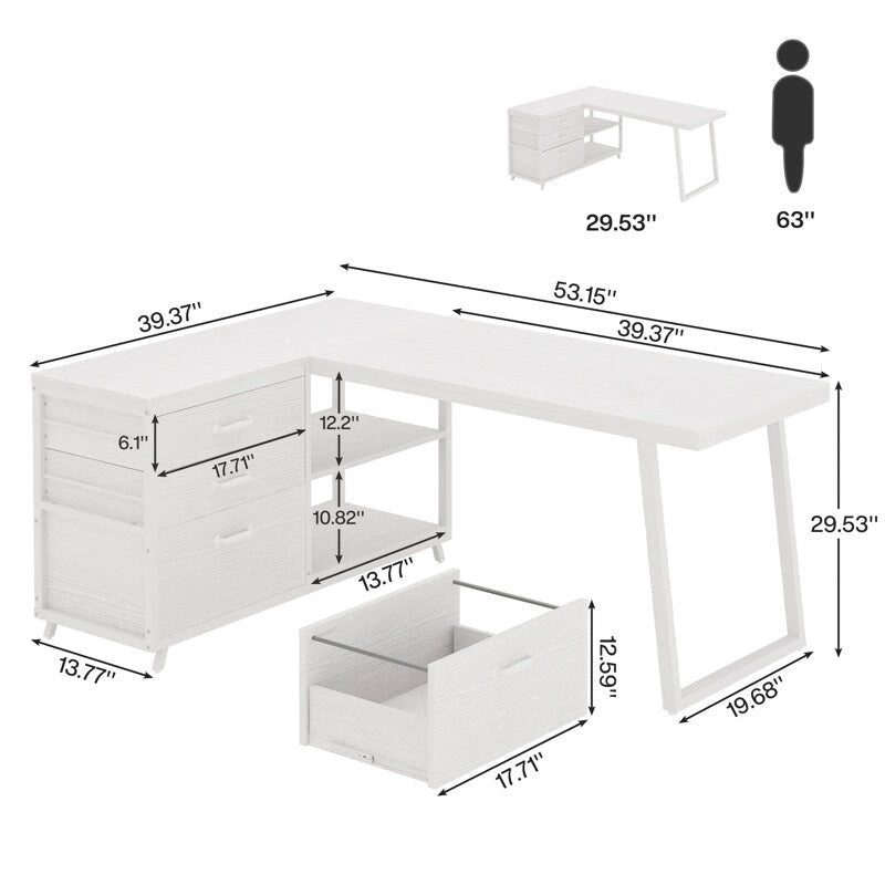 Bureau d'angle en L réversible avec tiroirs de classement – Marron / Gris, Monoposte