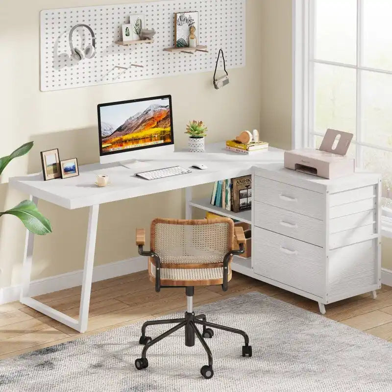 Bureau d'angle en L réversible avec tiroirs de classement – Marron / Gris, Monoposte