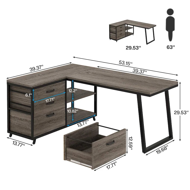Bureau d'angle en L réversible avec tiroirs de classement – Marron / Gris, Monoposte