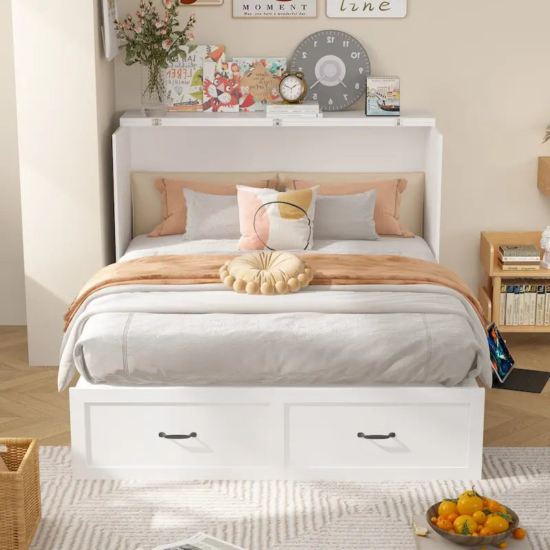 Meuble-lit escamotable Murphy avec 2 tiroirs – Blanc, se convertit en lit double, 2 tailles