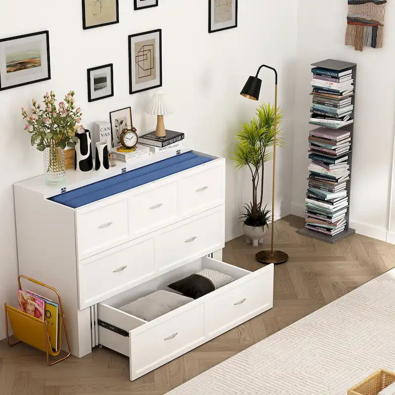 Meuble-lit escamotable Murphy avec 2 tiroirs – Blanc, se convertit en lit double, 2 tailles