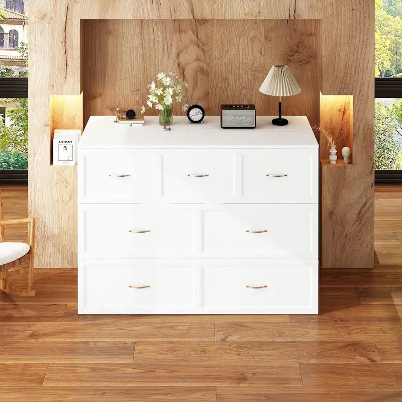Meuble-lit escamotable Murphy avec 2 tiroirs – Blanc, se convertit en lit double, 2 tailles