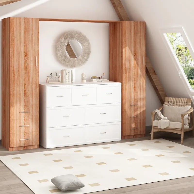 Meuble-lit escamotable Murphy avec 2 tiroirs – Blanc, se convertit en lit double, 2 tailles
