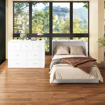 Meuble-lit escamotable Murphy avec 2 tiroirs – Blanc, se convertit en lit double, 2 tailles