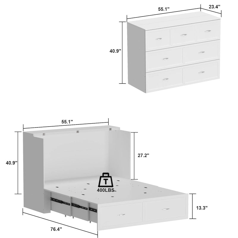 Meuble-lit escamotable Murphy avec 2 tiroirs – Blanc, se convertit en lit double, 2 tailles