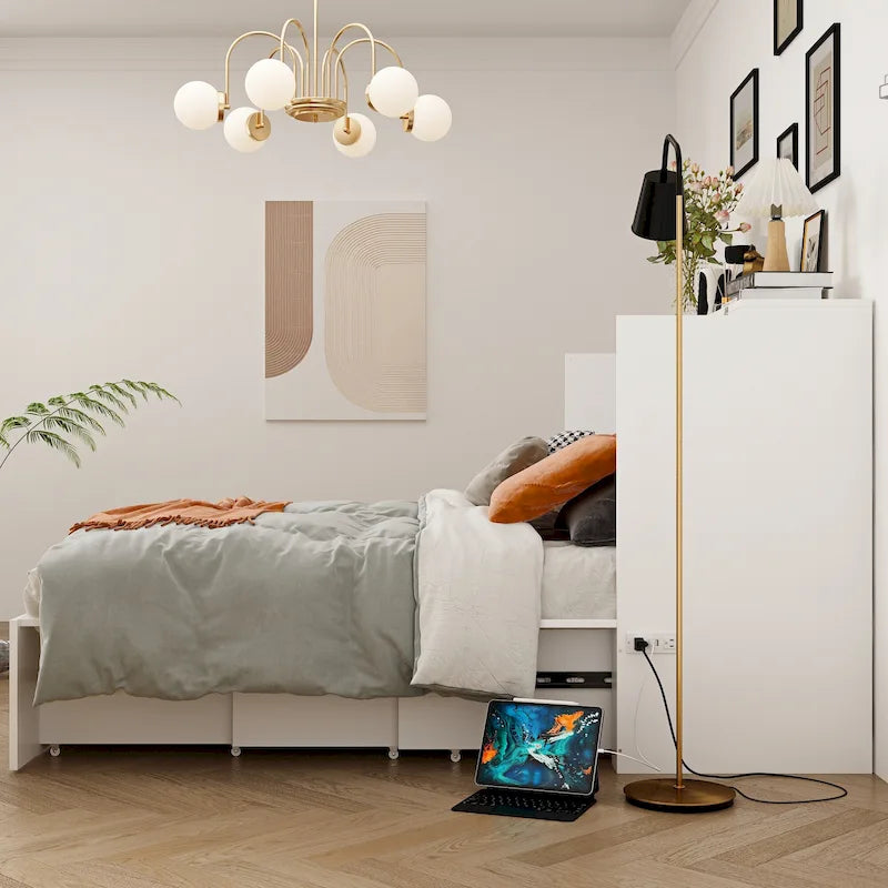 Meuble-lit escamotable Murphy avec 2 tiroirs – Blanc, se convertit en lit double, 2 tailles