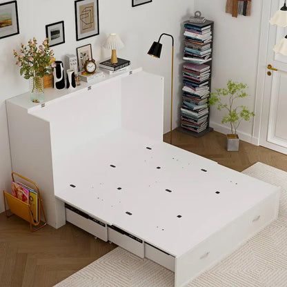 Meuble-lit escamotable Murphy avec 2 tiroirs – Blanc, se convertit en lit double, 2 tailles