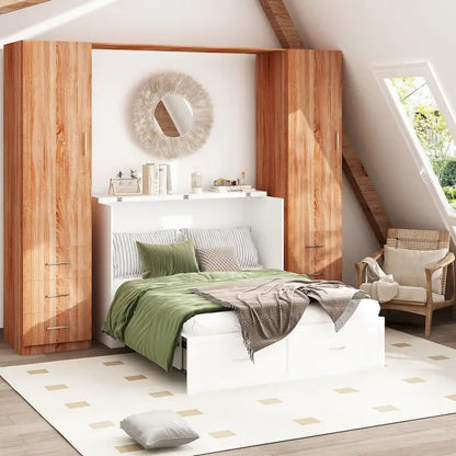 Meuble-lit escamotable Murphy avec 2 tiroirs – Blanc, se convertit en lit double, 2 tailles