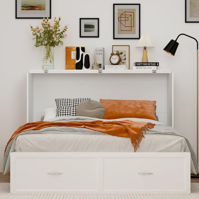 Meuble-lit escamotable Murphy avec 2 tiroirs – Blanc, se convertit en lit double, 2 tailles