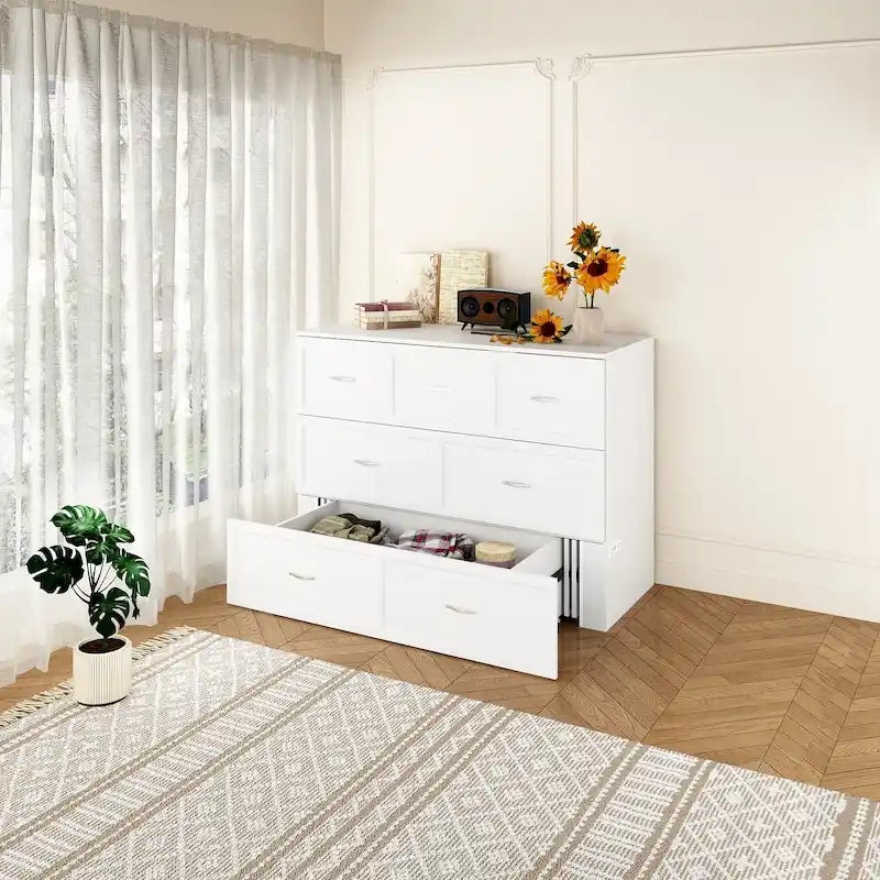 Meuble-lit escamotable Murphy avec 2 tiroirs – Blanc, se convertit en lit double, 2 tailles