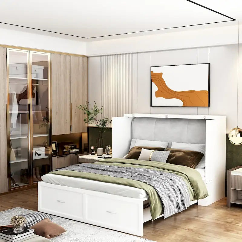 Meuble-lit escamotable Murphy avec 2 tiroirs – Blanc, se convertit en lit double, 2 tailles