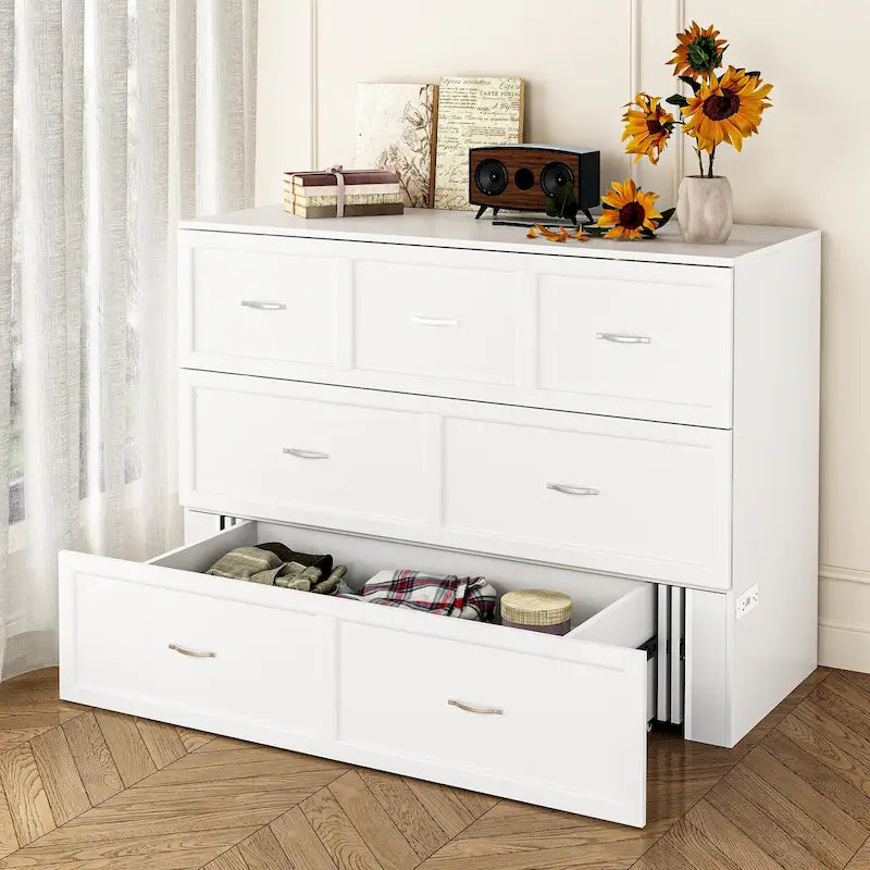 Meuble-lit escamotable Murphy avec 2 tiroirs – Blanc, se convertit en lit double, 2 tailles