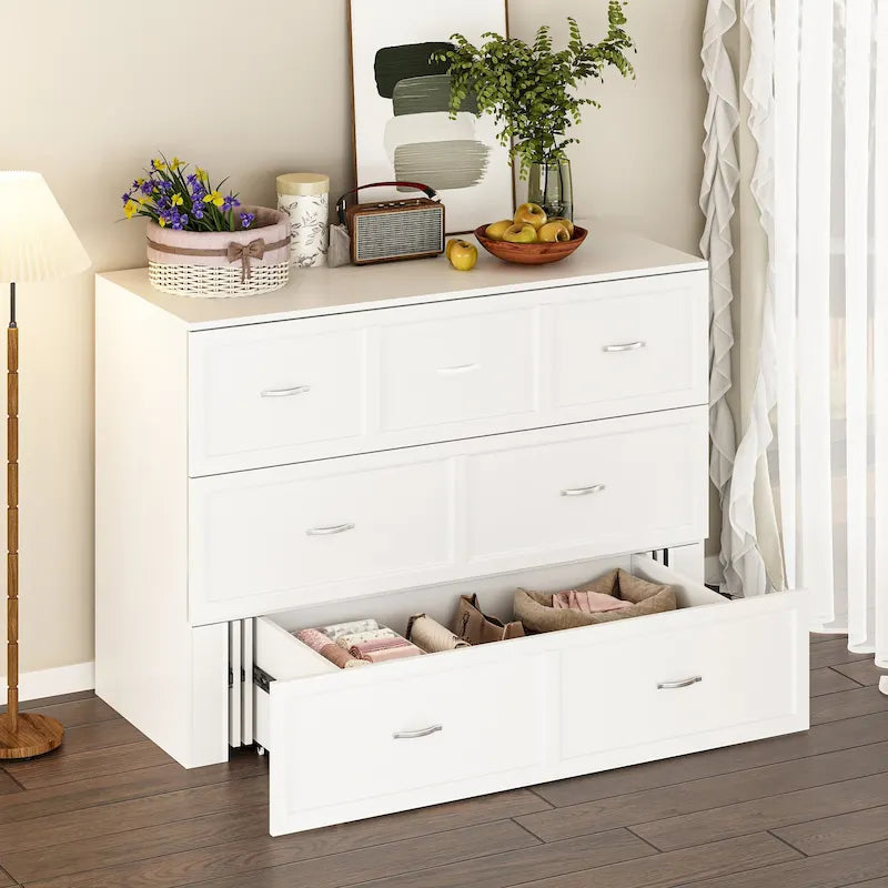 Meuble-lit escamotable Murphy avec 2 tiroirs – Blanc, se convertit en lit double, 2 tailles