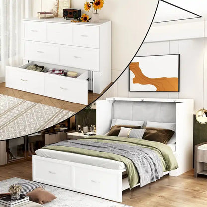 Meuble-lit escamotable Murphy avec 2 tiroirs – Blanc, se convertit en lit double, 2 tailles