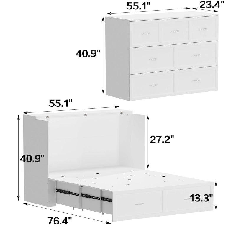 Meuble-lit escamotable Murphy avec 2 tiroirs – Blanc, se convertit en lit double, 2 tailles
