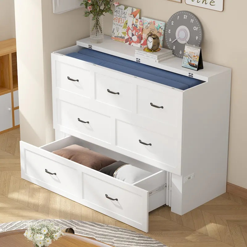 Meuble-lit escamotable Murphy avec 2 tiroirs – Blanc, se convertit en lit double, 2 tailles