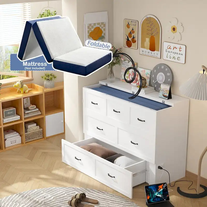 Meuble-lit escamotable Murphy avec 2 tiroirs – Blanc, se convertit en lit double, 2 tailles