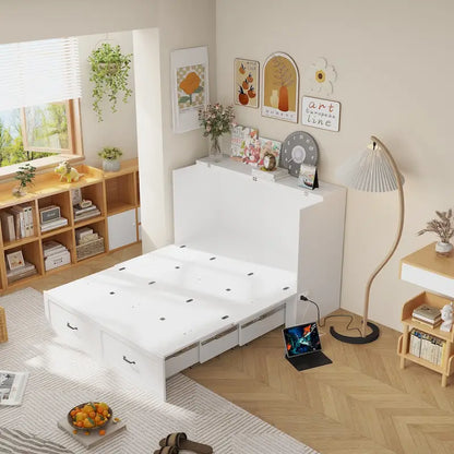 Meuble-lit escamotable Murphy avec 2 tiroirs – Blanc, se convertit en lit double, 2 tailles