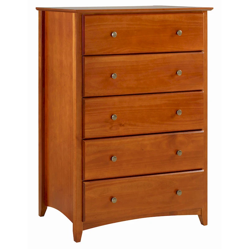 Commode Shaker à 5 tiroirs – Cerisier / Blanc, Bois de pin massif