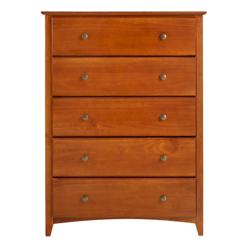 Commode Shaker à 5 tiroirs – Cerisier / Blanc, Bois de pin massif
