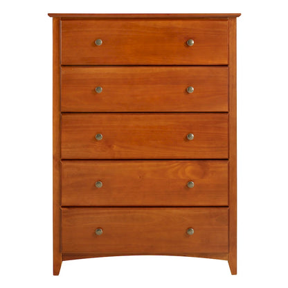 Commode Shaker à 5 tiroirs – Cerisier / Blanc, Bois de pin massif