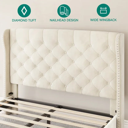 Lit plateforme à oreilles en velours avec capitonnage – Beige, Grand (Queen)