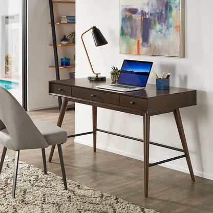 Bureau à 3 tiroirs de style Mid-Century Modern – Brun / Noyer foncé, Pieds fuselés, Monoplace
