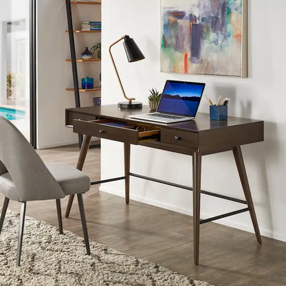 Bureau à 3 tiroirs de style Mid-Century Modern – Brun / Noyer foncé, Pieds fuselés, Monoplace