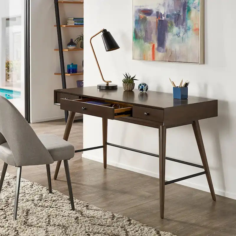 Bureau à 3 tiroirs de style Mid-Century Modern – Brun / Noyer foncé, Pieds fuselés, Monoplace