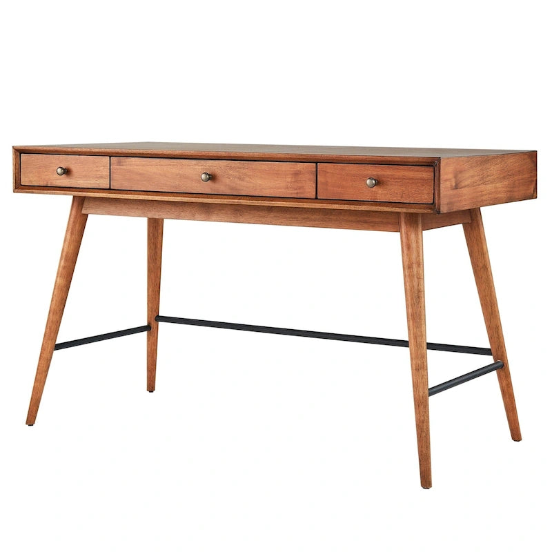 Bureau à 3 tiroirs de style Mid-Century Modern – Brun / Noyer foncé, Pieds fuselés, Monoplace