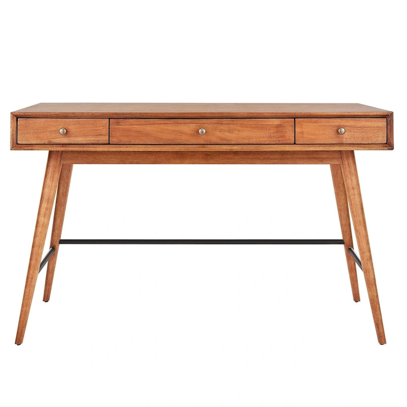 Bureau à 3 tiroirs de style Mid-Century Modern – Brun / Noyer foncé, Pieds fuselés, Monoplace