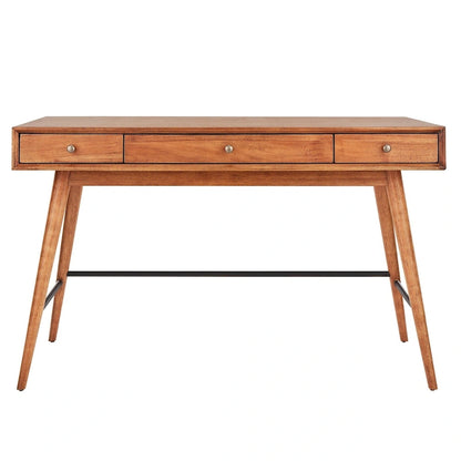 Bureau à 3 tiroirs de style Mid-Century Modern – Brun / Noyer foncé, Pieds fuselés, Monoplace