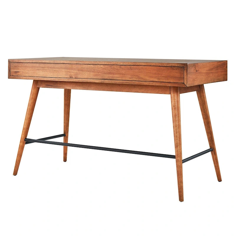 Bureau à 3 tiroirs de style Mid-Century Modern – Brun / Noyer foncé, Pieds fuselés, Monoplace
