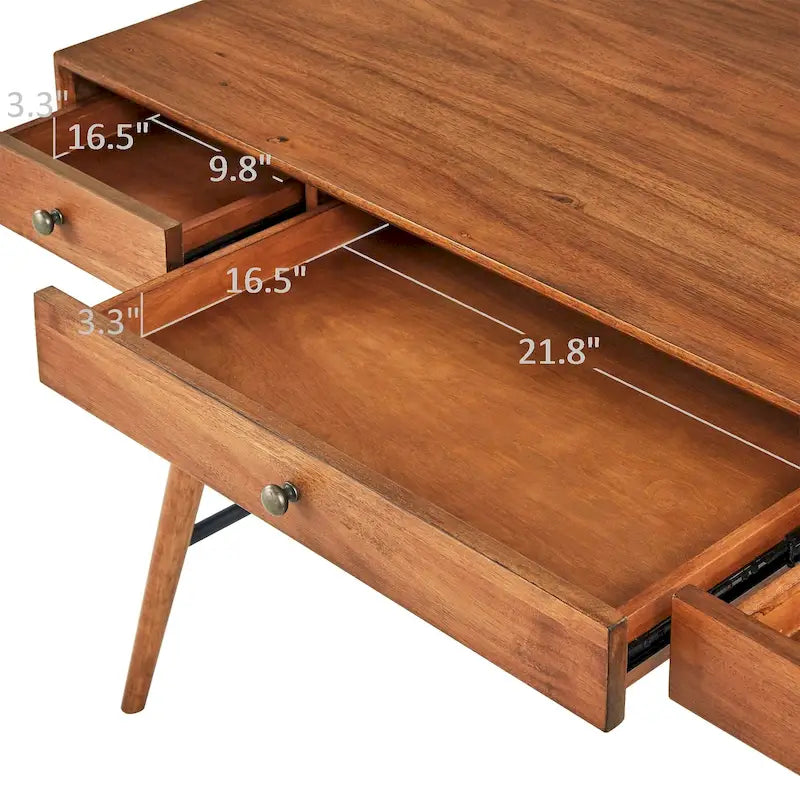 Bureau à 3 tiroirs de style Mid-Century Modern – Brun / Noyer foncé, Pieds fuselés, Monoplace