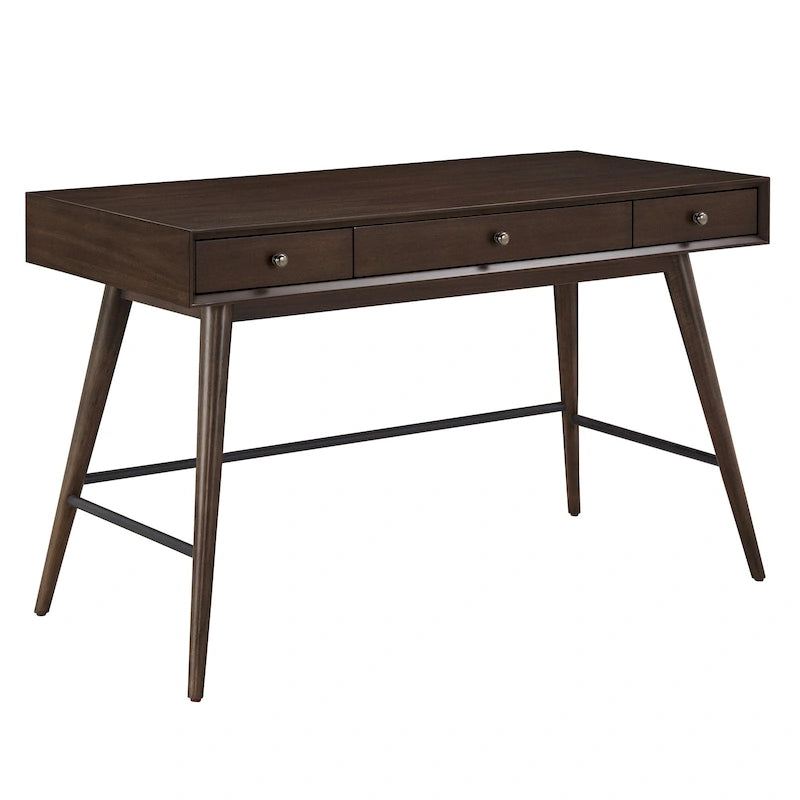 Bureau à 3 tiroirs de style Mid-Century Modern – Brun / Noyer foncé, Pieds fuselés, Monoplace