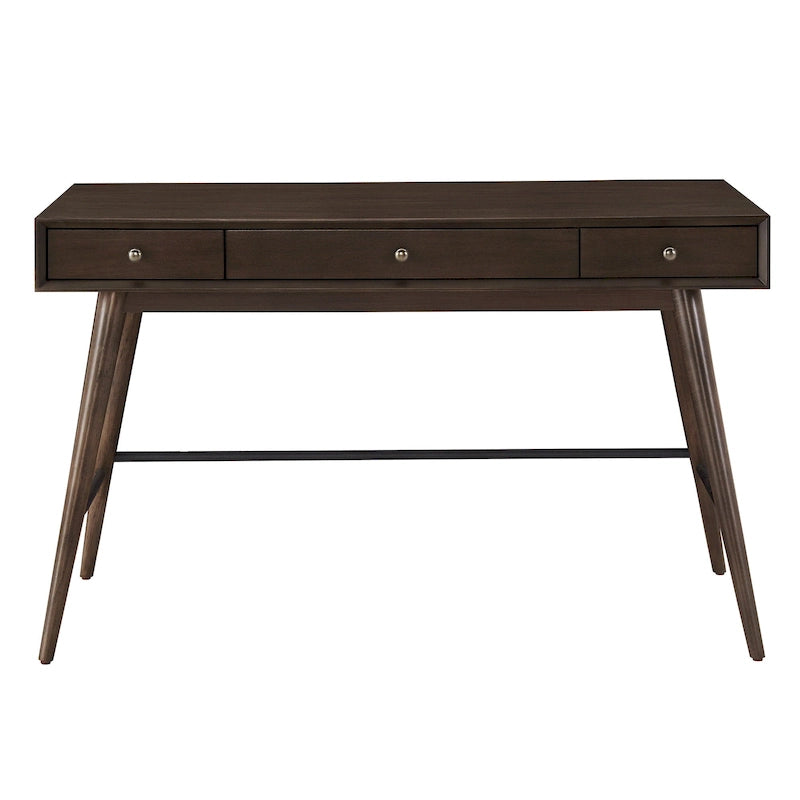 Bureau à 3 tiroirs de style Mid-Century Modern – Brun / Noyer foncé, Pieds fuselés, Monoplace