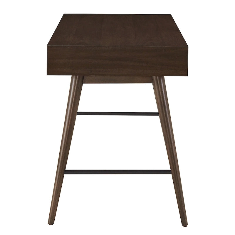 Bureau à 3 tiroirs de style Mid-Century Modern – Brun / Noyer foncé, Pieds fuselés, Monoplace