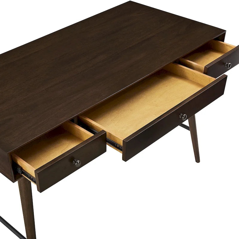 Bureau à 3 tiroirs de style Mid-Century Modern – Brun / Noyer foncé, Pieds fuselés, Monoplace