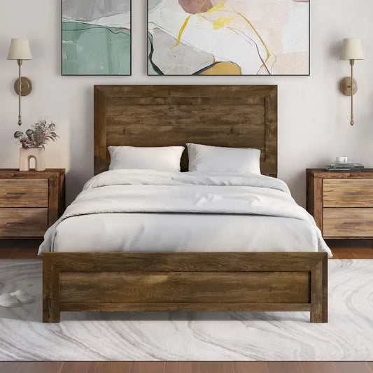 Lit en bois avec panneau en noyer rustique – Noyer, Double / Grand