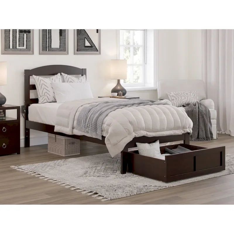 Lit plateforme avec tiroir de pied de lit et station de recharge – Blanc / Noyer / Gris / Espresso, Simple / Double / Grand