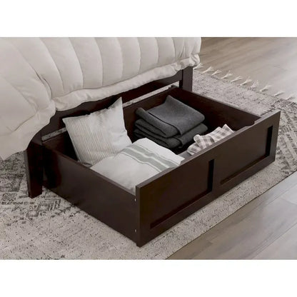 Lit plateforme avec tiroir de pied de lit et station de recharge – Blanc / Noyer / Gris / Espresso, Simple / Double / Grand