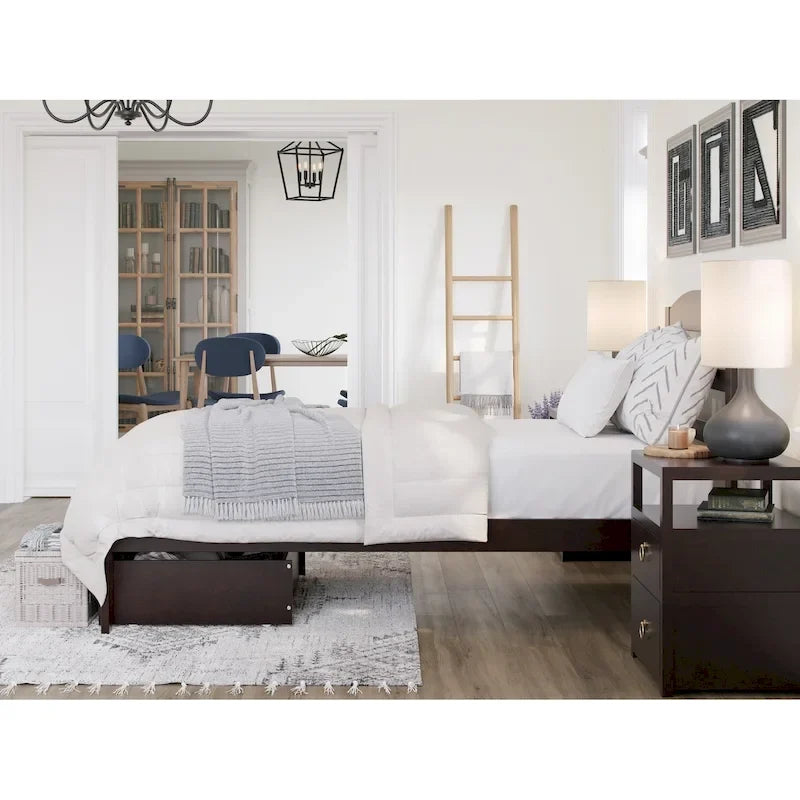 Lit plateforme avec tiroir de pied de lit et station de recharge – Blanc / Noyer / Gris / Espresso, Simple / Double / Grand