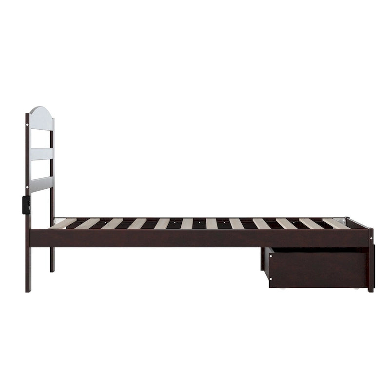 Lit plateforme avec tiroir de pied de lit et station de recharge – Blanc / Noyer / Gris / Espresso, Simple / Double / Grand