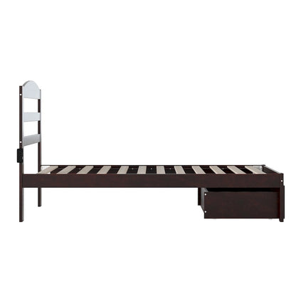 Lit plateforme avec tiroir de pied de lit et station de recharge – Blanc / Noyer / Gris / Espresso, Simple / Double / Grand
