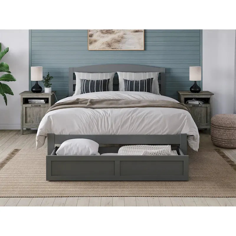 Lit plateforme avec tiroir de pied de lit et station de recharge – Blanc / Noyer / Gris / Espresso, Simple / Double / Grand